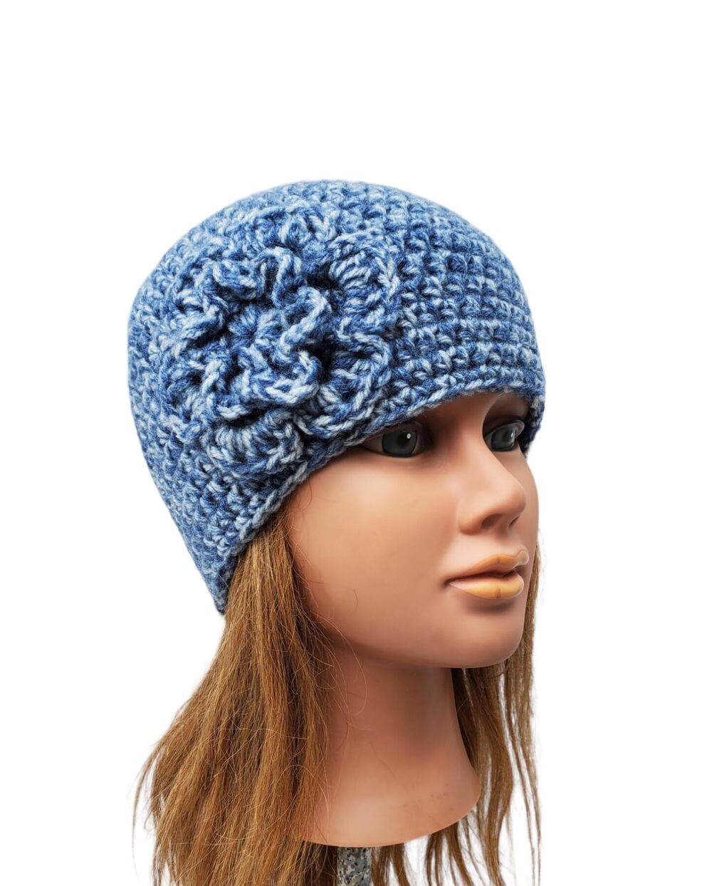5395 Crochet Hat, Blue and White Stonewash-look Hat